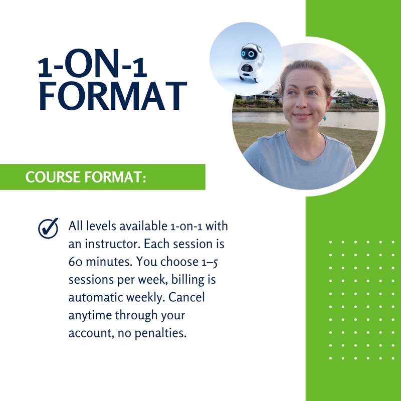 Green English AI course 1-on-1 format — 60-minute sessions with instructor, 1–5 times per week, cancel anytime