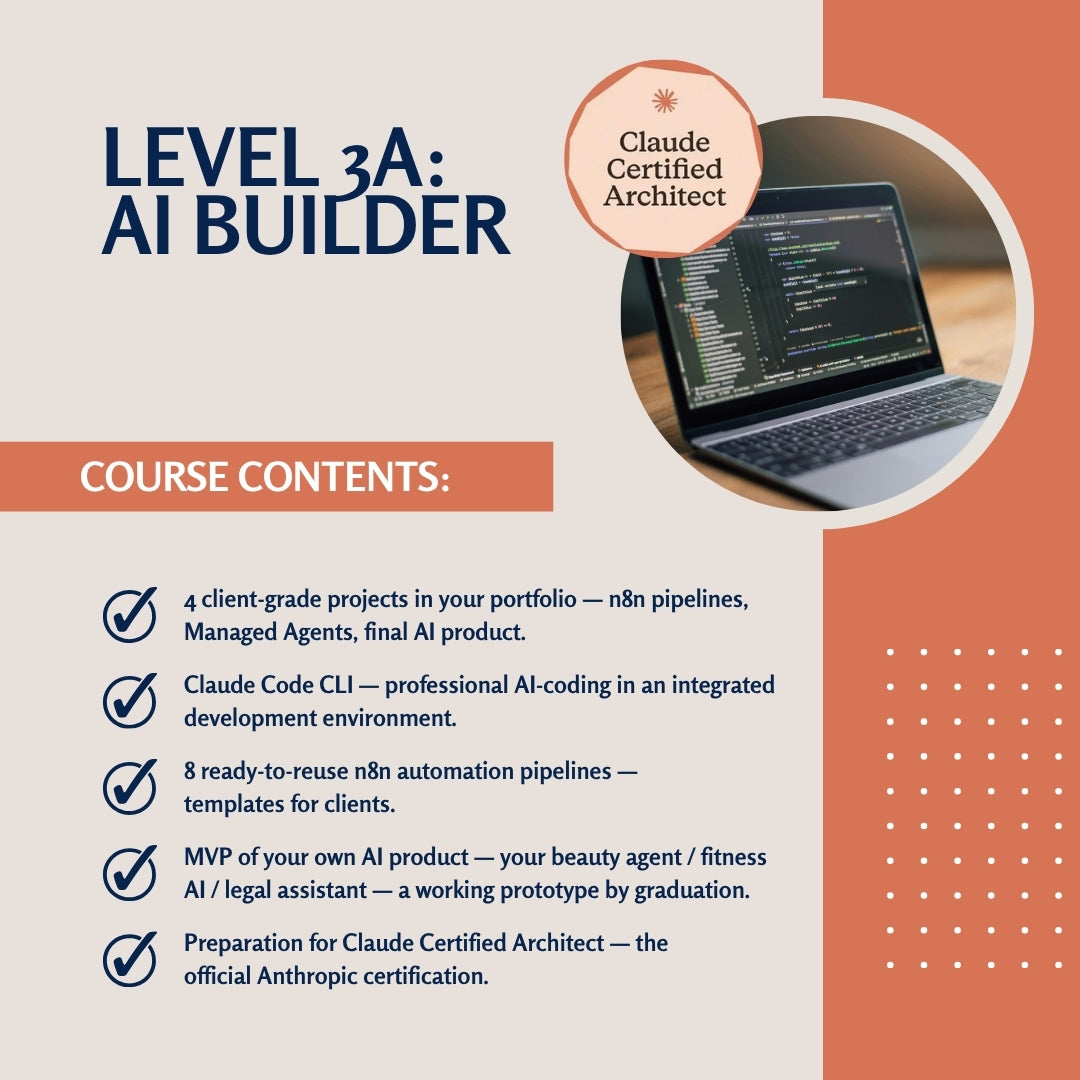 Advanced AI Builder course by Green School Australia covering AI agents, n8n automations, Claude Code CLI, portfolio projects, and Claude Certified Architect preparation.